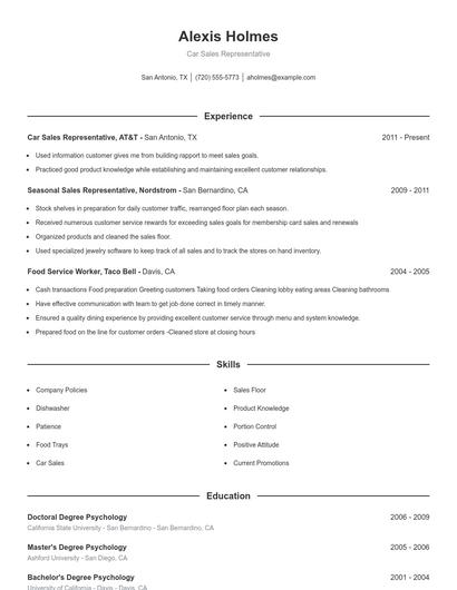 Car Sales Representative Resume