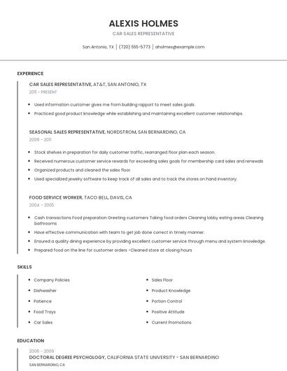 Car Sales Representative Resume