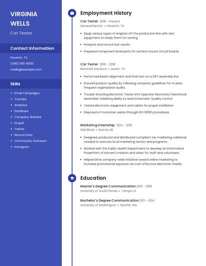 Car Tester Resume