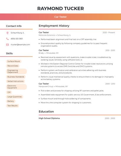 Car Tester Resume