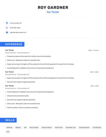 Car Tester Resume