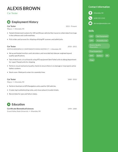 Car Tester Resume