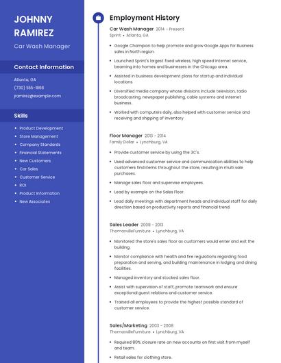 Car Wash Manager Resume