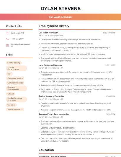 Car Wash Manager Resume