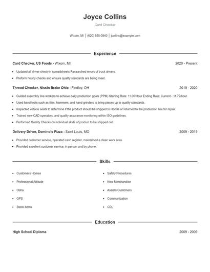 Card Checker Resume