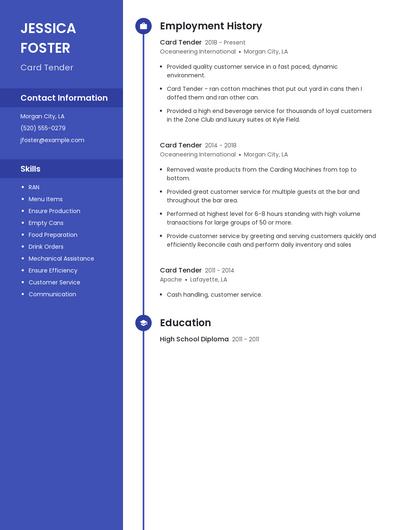 Card Tender Resume