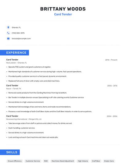 Card Tender Resume