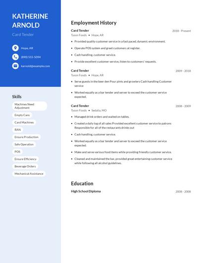 Card Tender Resume