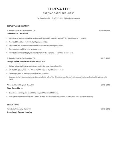 Cardiac Care Unit Nurse Resume