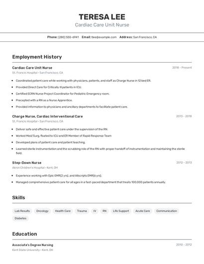 Cardiac Care Unit Nurse Resume