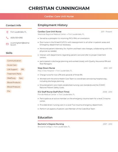 Cardiac Care Unit Nurse Resume