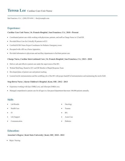 Cardiac Care Unit Nurse Resume