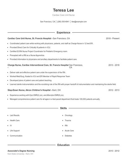 Cardiac Care Unit Nurse Resume