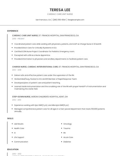Cardiac Care Unit Nurse Resume