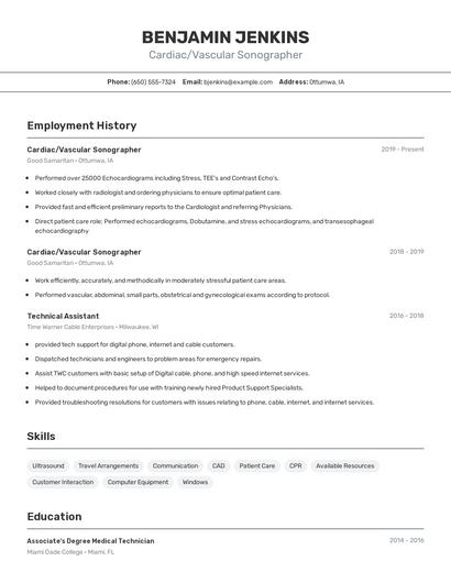 Cardiac/Vascular Sonographer Resume