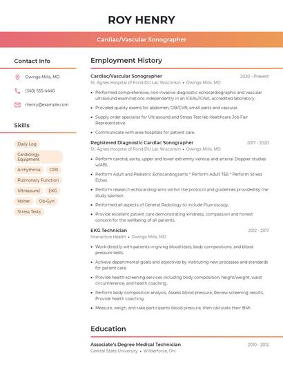 Cardiac/Vascular Sonographer Resume