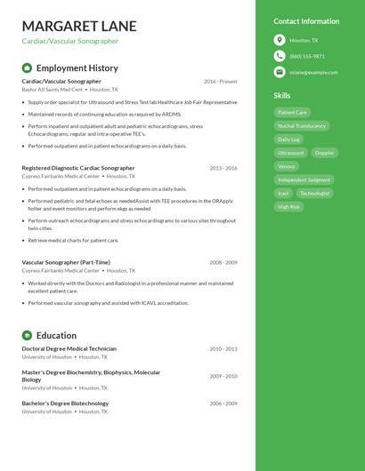 Cardiac/Vascular Sonographer Resume