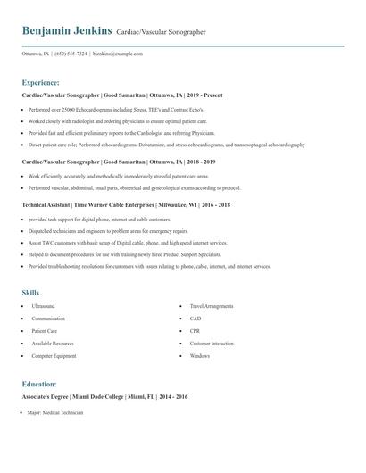 Cardiac/Vascular Sonographer Resume
