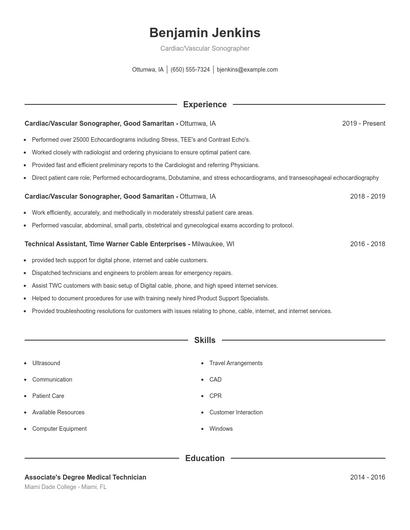 Cardiac/Vascular Sonographer Resume