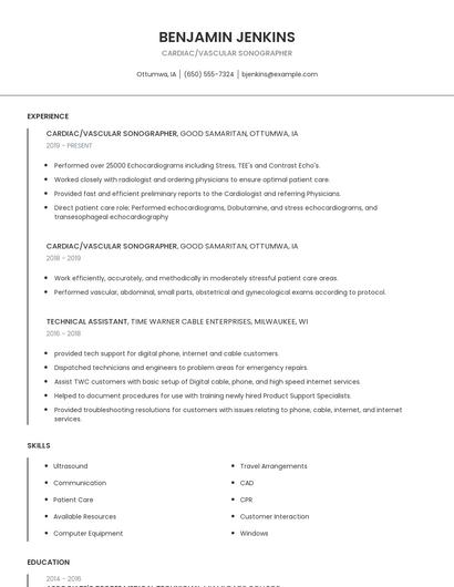 Cardiac/Vascular Sonographer Resume