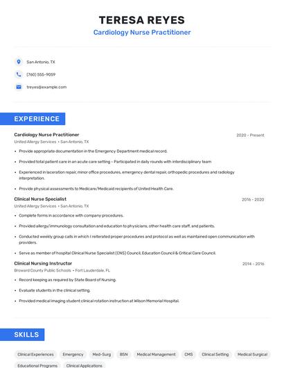 Cardiology Nurse Practitioner Resume