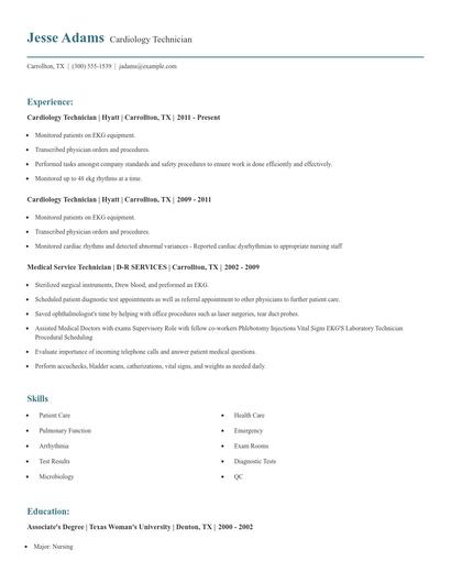 Cardiology Technician Resume