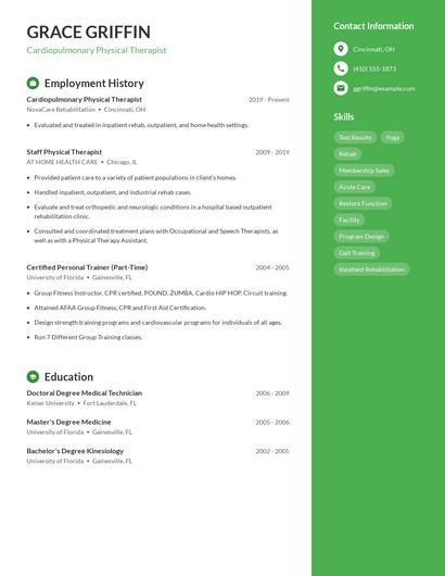 Cardiopulmonary Physical Therapist Resume