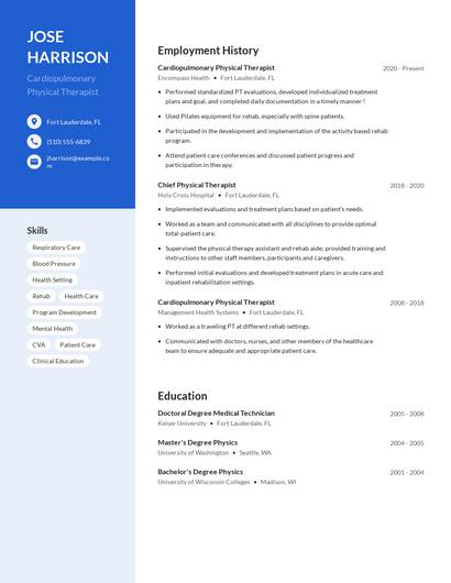 Cardiopulmonary Physical Therapist Resume