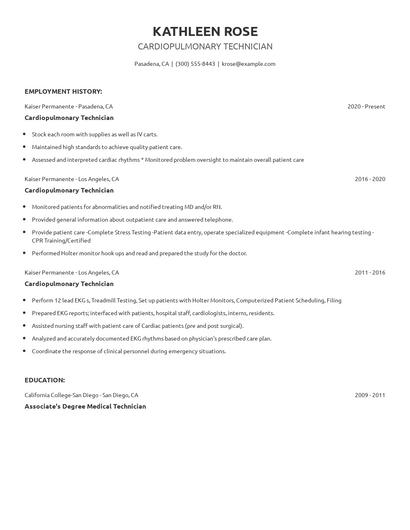Cardiopulmonary Technician Resume