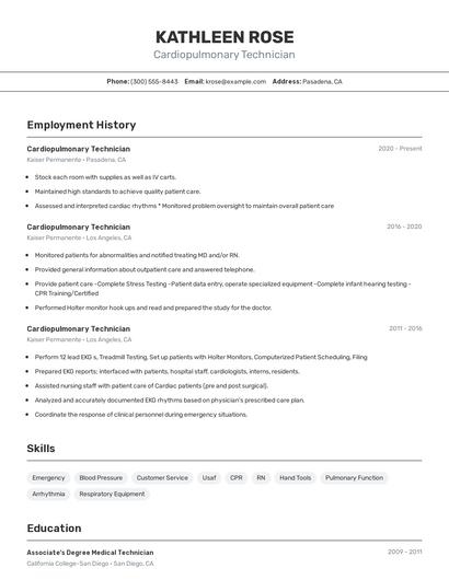 Cardiopulmonary Technician Resume