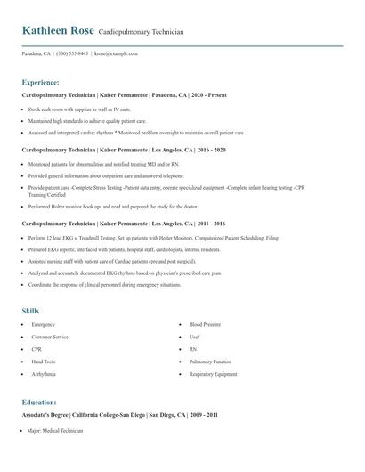 Cardiopulmonary Technician Resume