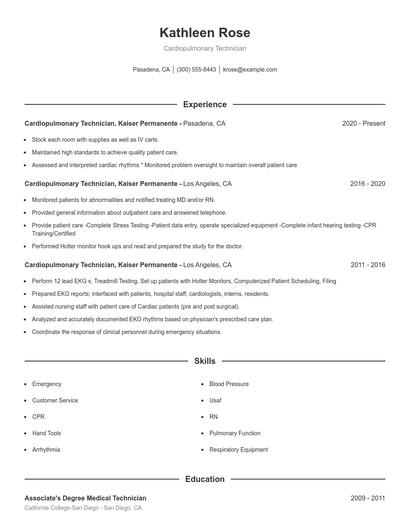 Cardiopulmonary Technician Resume