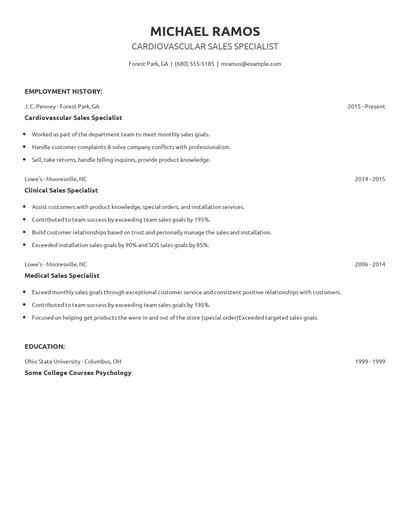 Cardiovascular Sales Specialist Resume