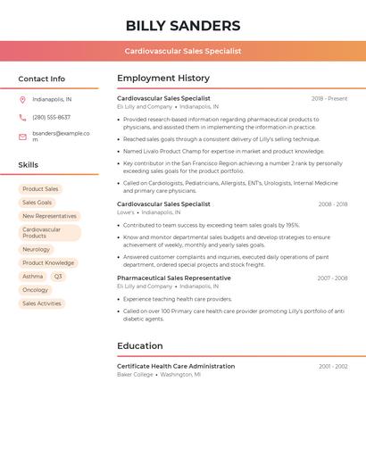 Cardiovascular Sales Specialist Resume