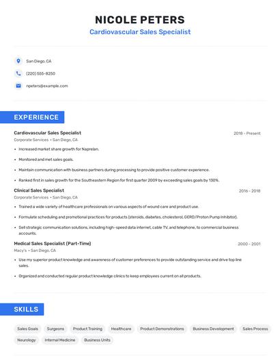 Cardiovascular Sales Specialist Resume