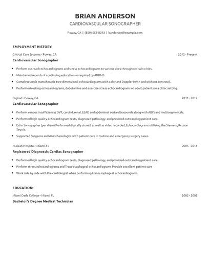 Cardiovascular Sonographer Resume