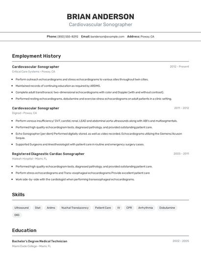 Cardiovascular Sonographer Resume