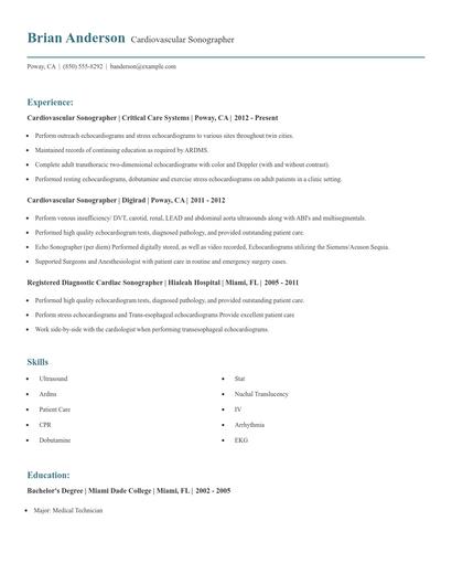 Cardiovascular Sonographer Resume