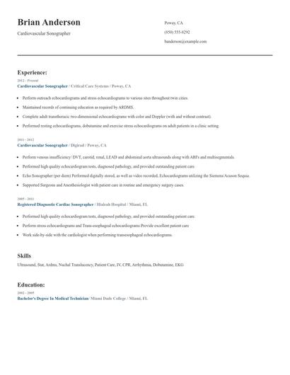 Cardiovascular Sonographer Resume