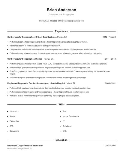 Cardiovascular Sonographer Resume