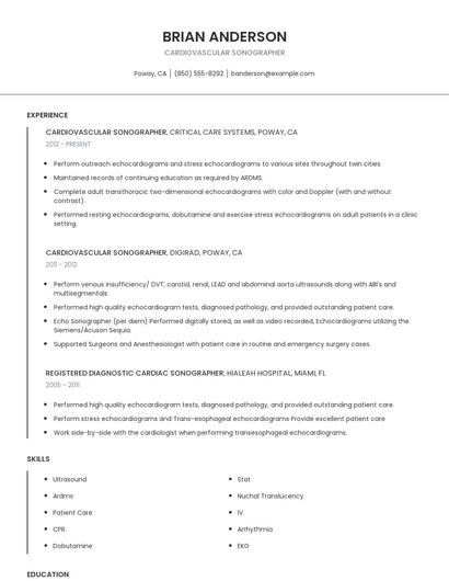 Cardiovascular Sonographer Resume