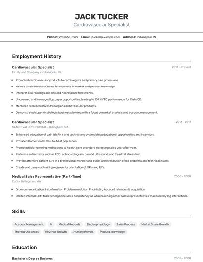 Cardiovascular Specialist Resume