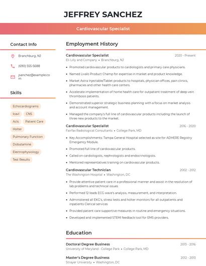 Cardiovascular Specialist Resume