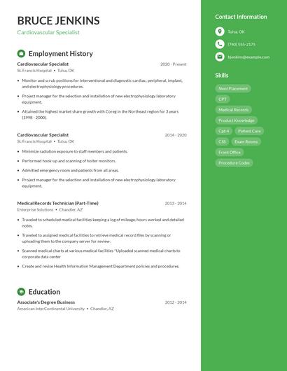 Cardiovascular Specialist Resume