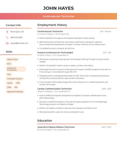 Cardiovascular Technician Resume