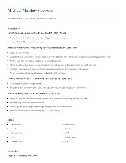 Care Partner Resume
