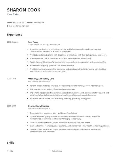 Care Taker Resume
