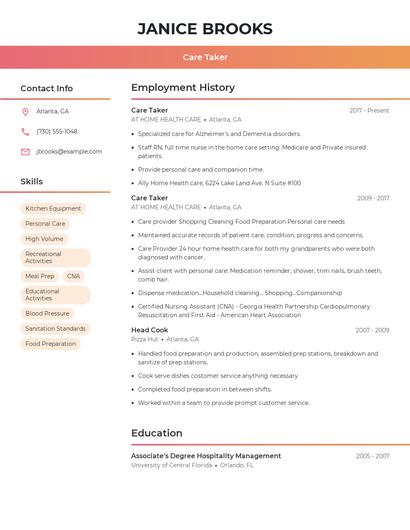 Care Taker Resume
