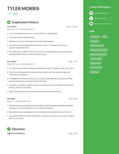 Care Taker Resume