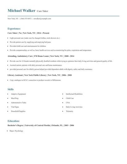 Care Taker Resume